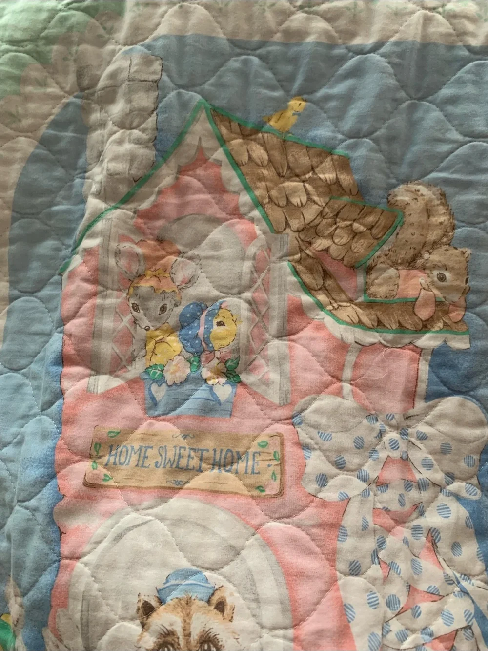 Vintage Quilted Mother Goose Baby Throw w/Trim Pastel Mint & Multi-Color